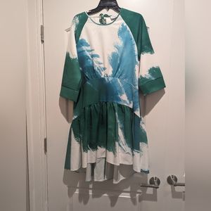 Like New Closet London Blue Green Brushstroke Print Flounce Hem Hi-Low Dress